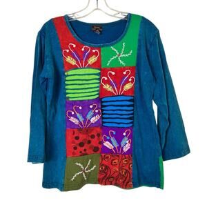 Rising International Sz L 3/4 Sleeve Patchwork Colorblock Distressed Top Nepal